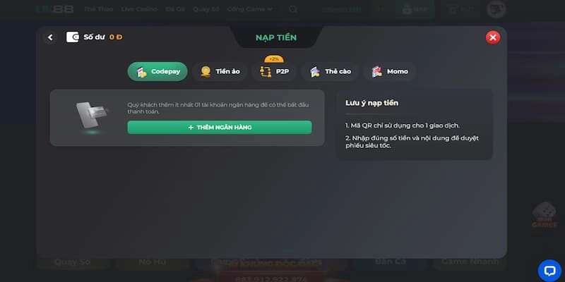 Các bước gửi tiền vào Uk88 trên website